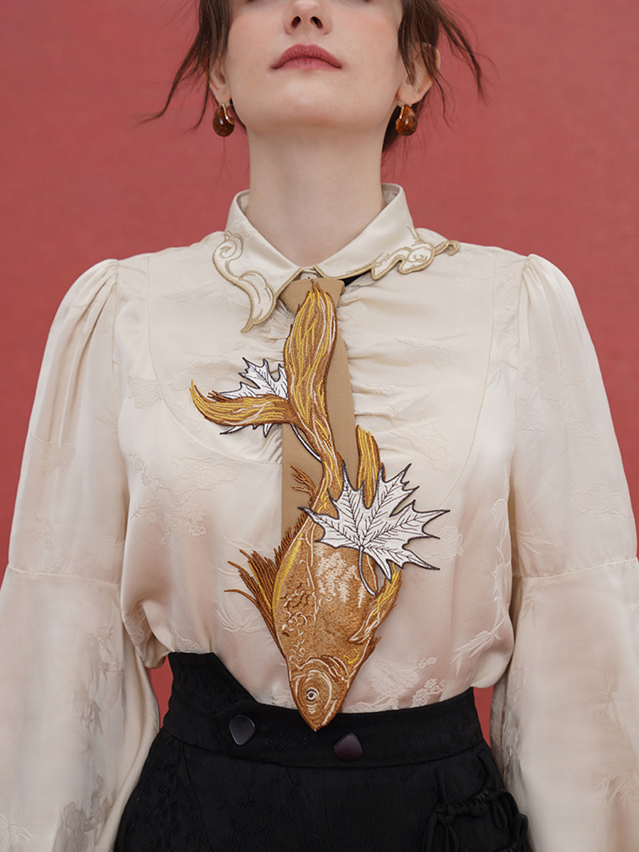 Original Chinese style sinking fish leaf tie for women, paired with shirt design, niche embroidery tie accessories