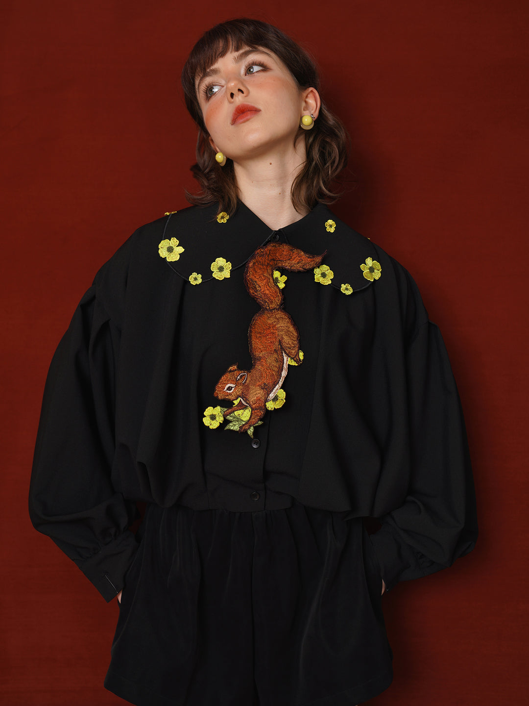 Forest Whisper Embroidered Jacket - Retro Squirrel & Flower Off-Shoulder Niche Top