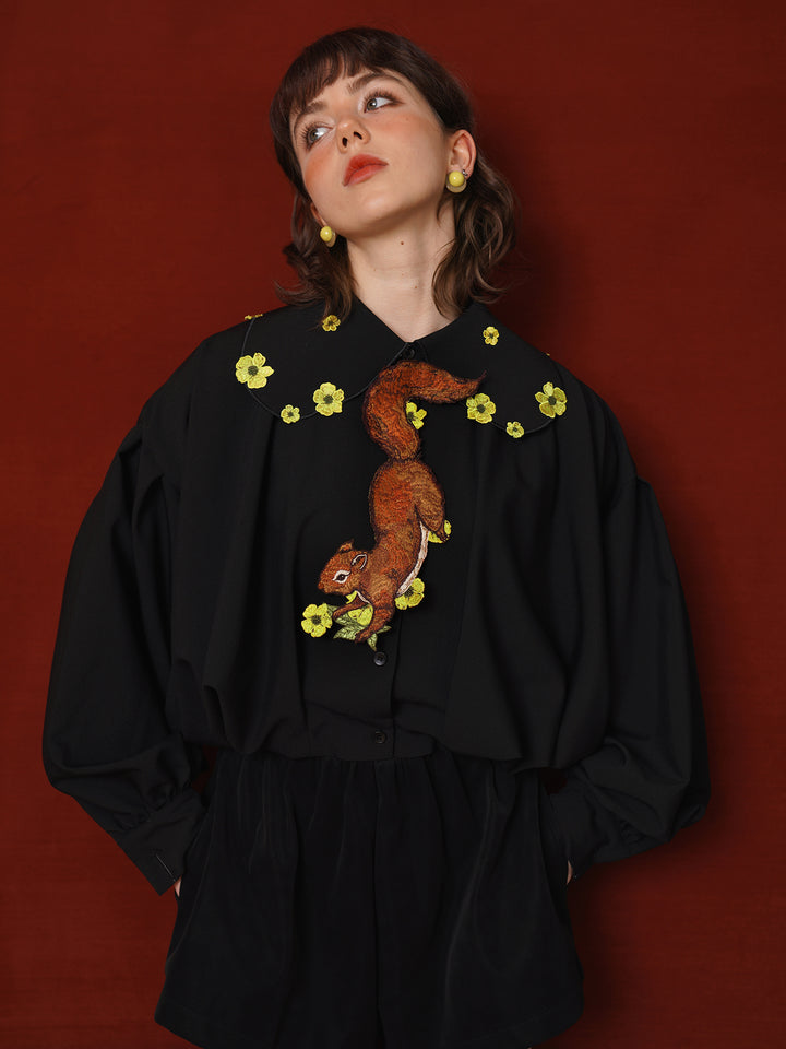 Forest Whisper Embroidered Jacket - Retro Squirrel & Flower Off-Shoulder Niche Top