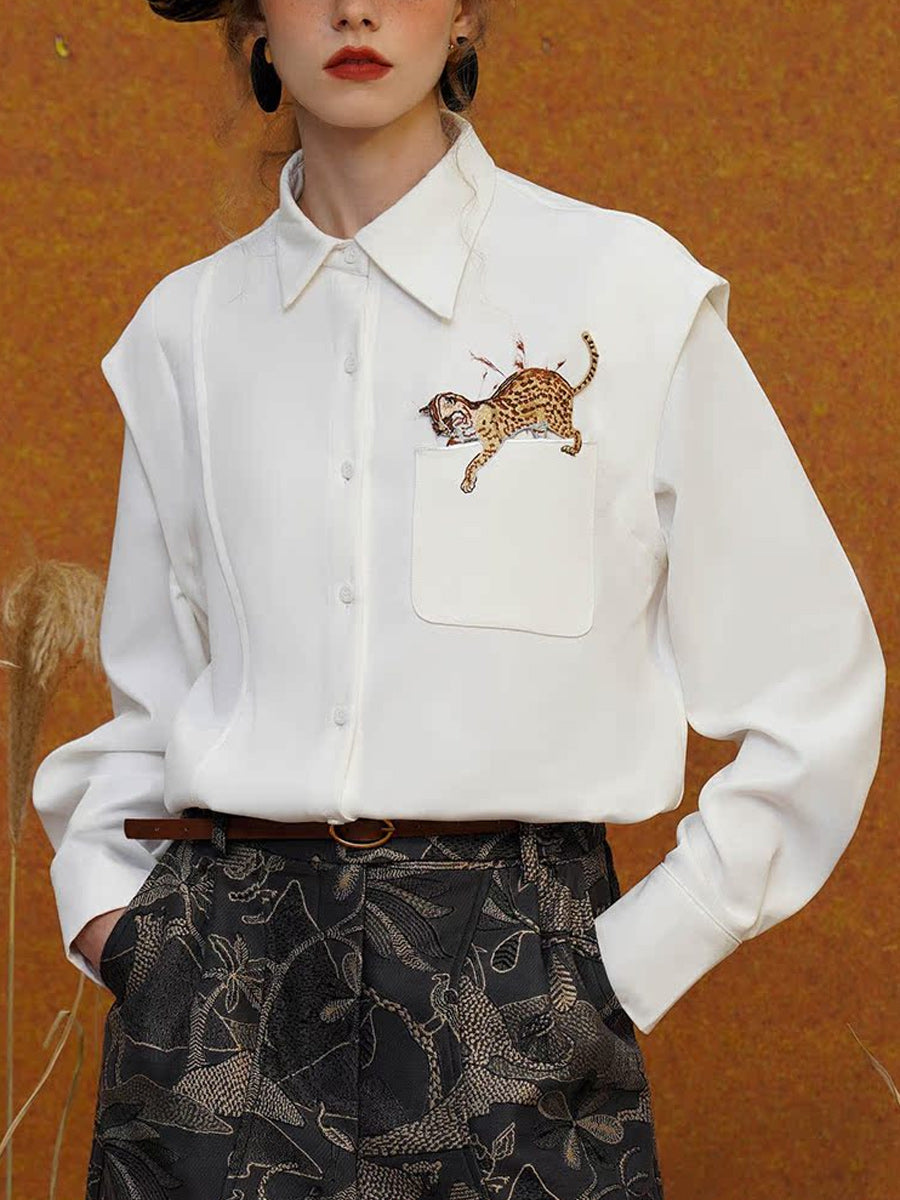 Original sleeved contrasting leopard shirt with artistic style retro spring top for women