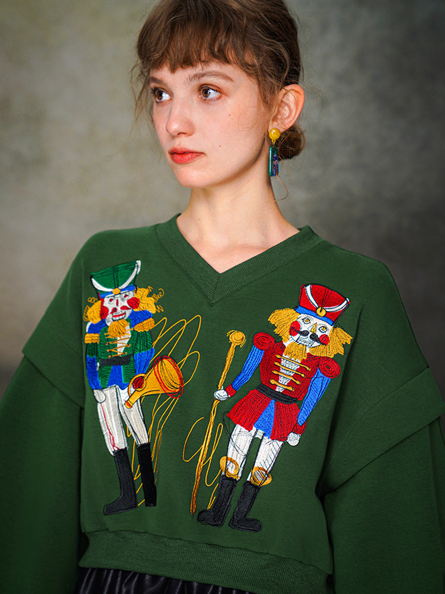 Original Design Nutcracker Embroidered Hoodie Wide V-neck Top Reduced Age Splicing Sleeves Autumn/Winter Collection
