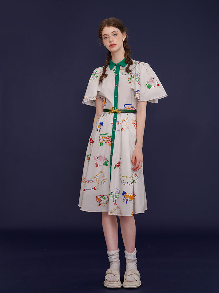 Whimsical Aviary" French Retro Dress - Graffiti Print Slimming White Midi