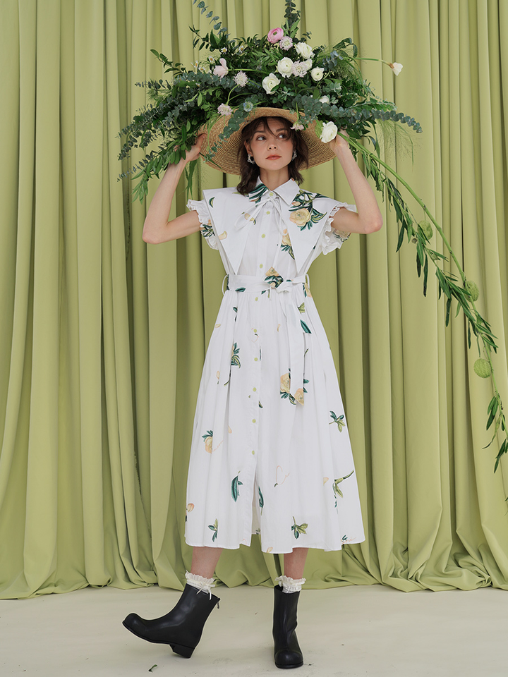 Original Early Spring French Romantic Plant Printed Tea Break Skirt for Palace Girls Retro Chic Dress for Women