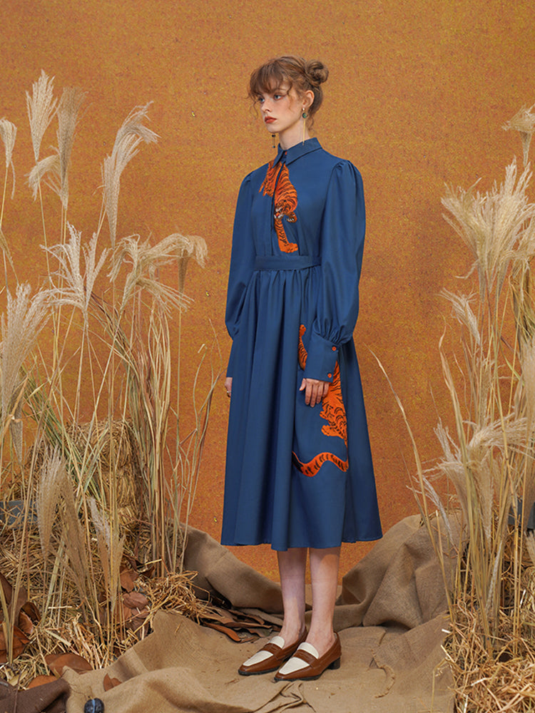 Blue Tiger  French Dress - Original Embroidered Slimming Commuting Midi