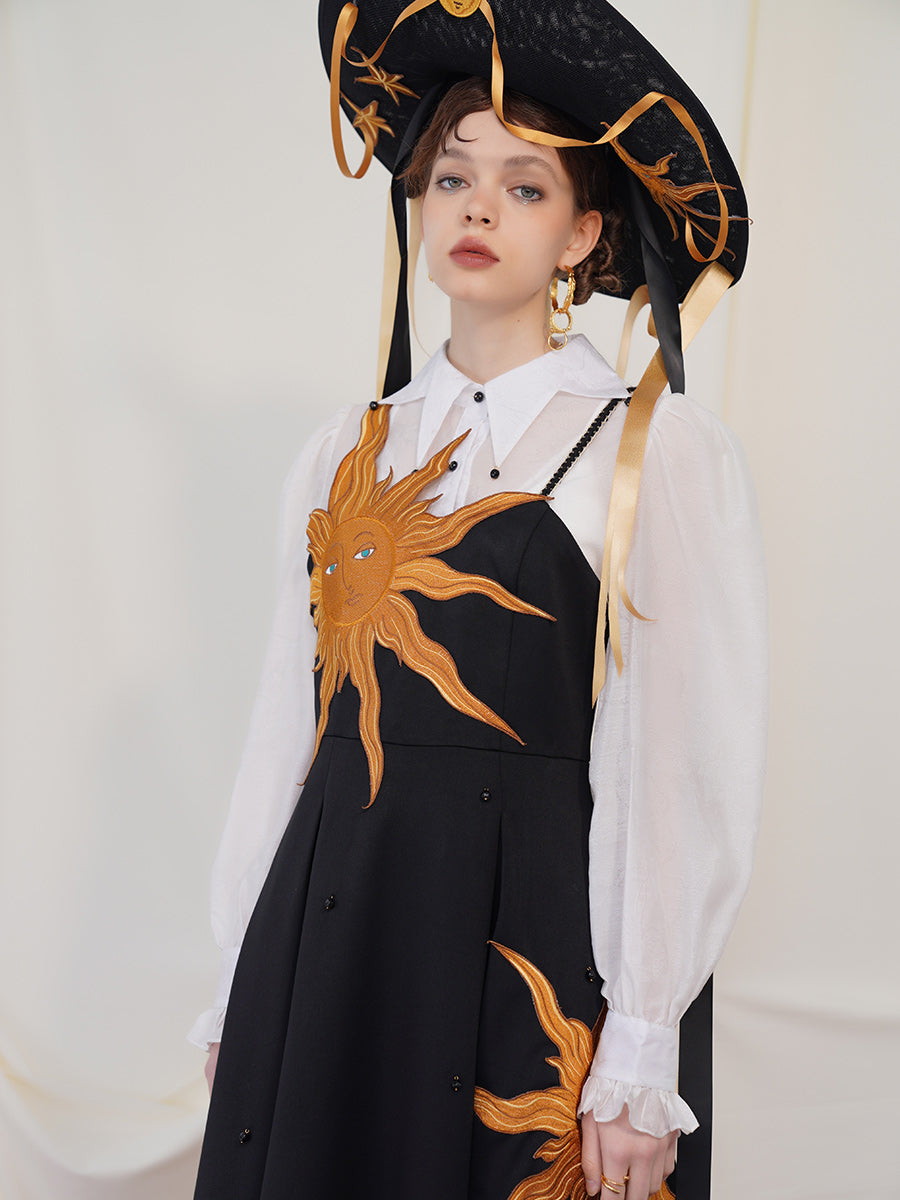 Original retro dress dress with heavy embroidery and suspender design, high waist slim fit and large swing dress for autumn and winter