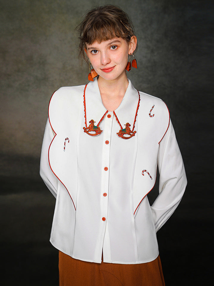 Original design, niche carousel embroidery collar splicing, retro contrasting white shirt, 2023 autumn/winter women's