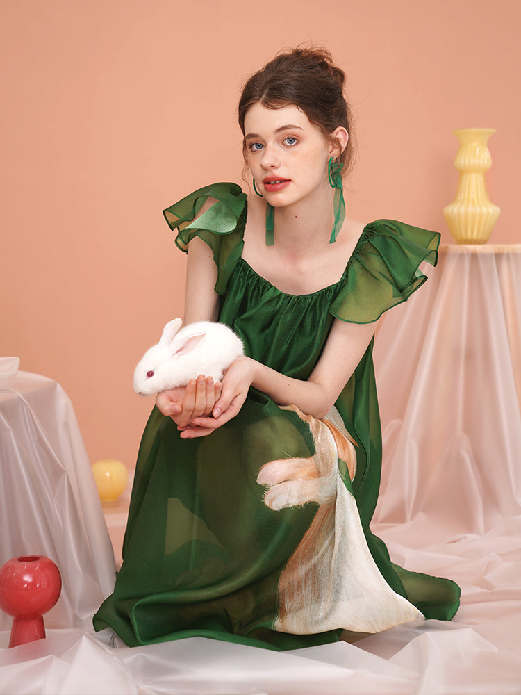 Whimsical Rabbit French Retro Dress - Romantic Flutter Sleeve Fairy Slimming Midi