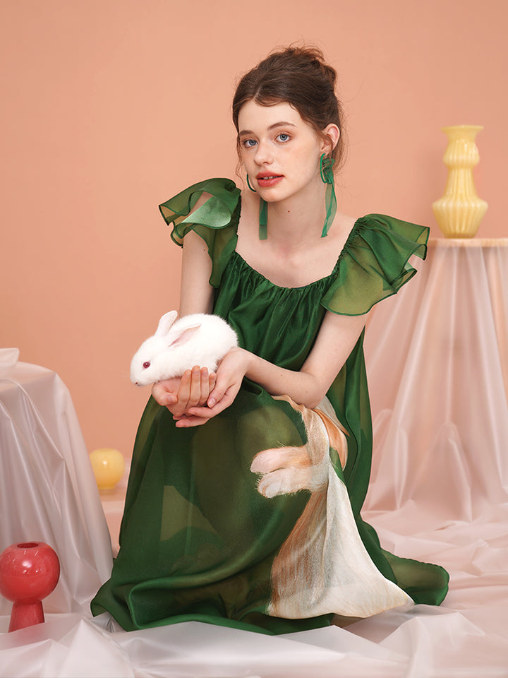 Whimsical Rabbit French Retro Dress - Romantic Flutter Sleeve Fairy Slimming Midi
