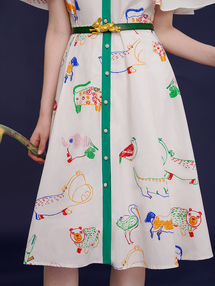 Original French retro bird graffiti full print dress, women's short sleeved white niche slimming dress