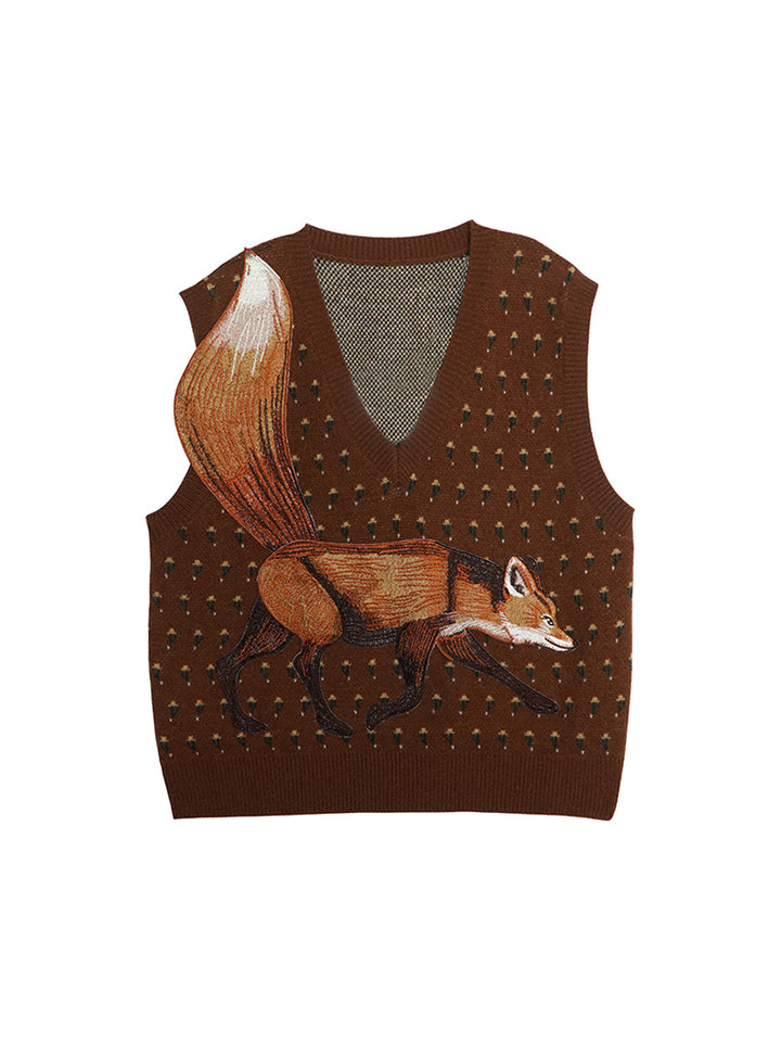 Forest Fox  Embroidered Knit Vest - Vintage V-Neck Sleeveless Sweater