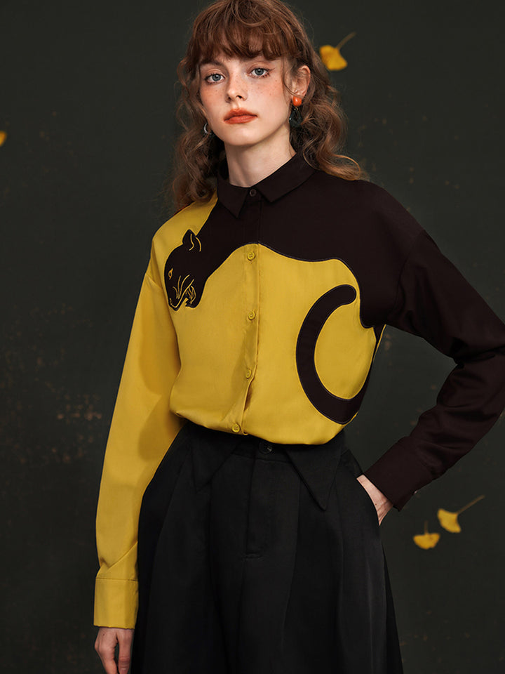 Original sleeved contrasting leopard shirt with artistic style retro spring top for women