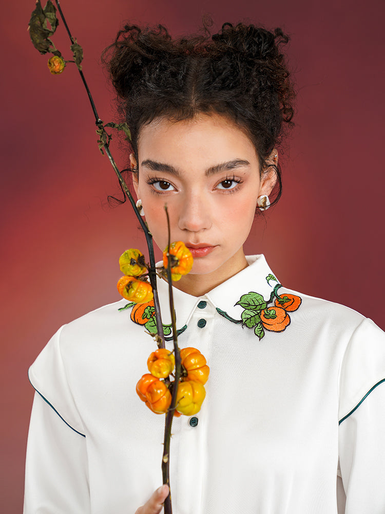 Persimmon Bliss  Cream Blouse - High-End New Chinese Retro Embroidered Top
