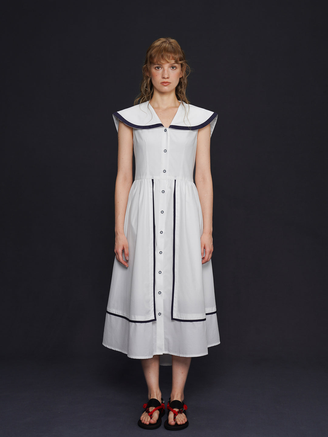 Academy Sailor French Midi Dress - Retro Navy Style Slimming Summer Shirt Dress