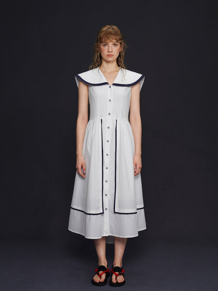 Academy Sailor French Midi Dress - Retro Navy Style Slimming Summer Shirt Dress