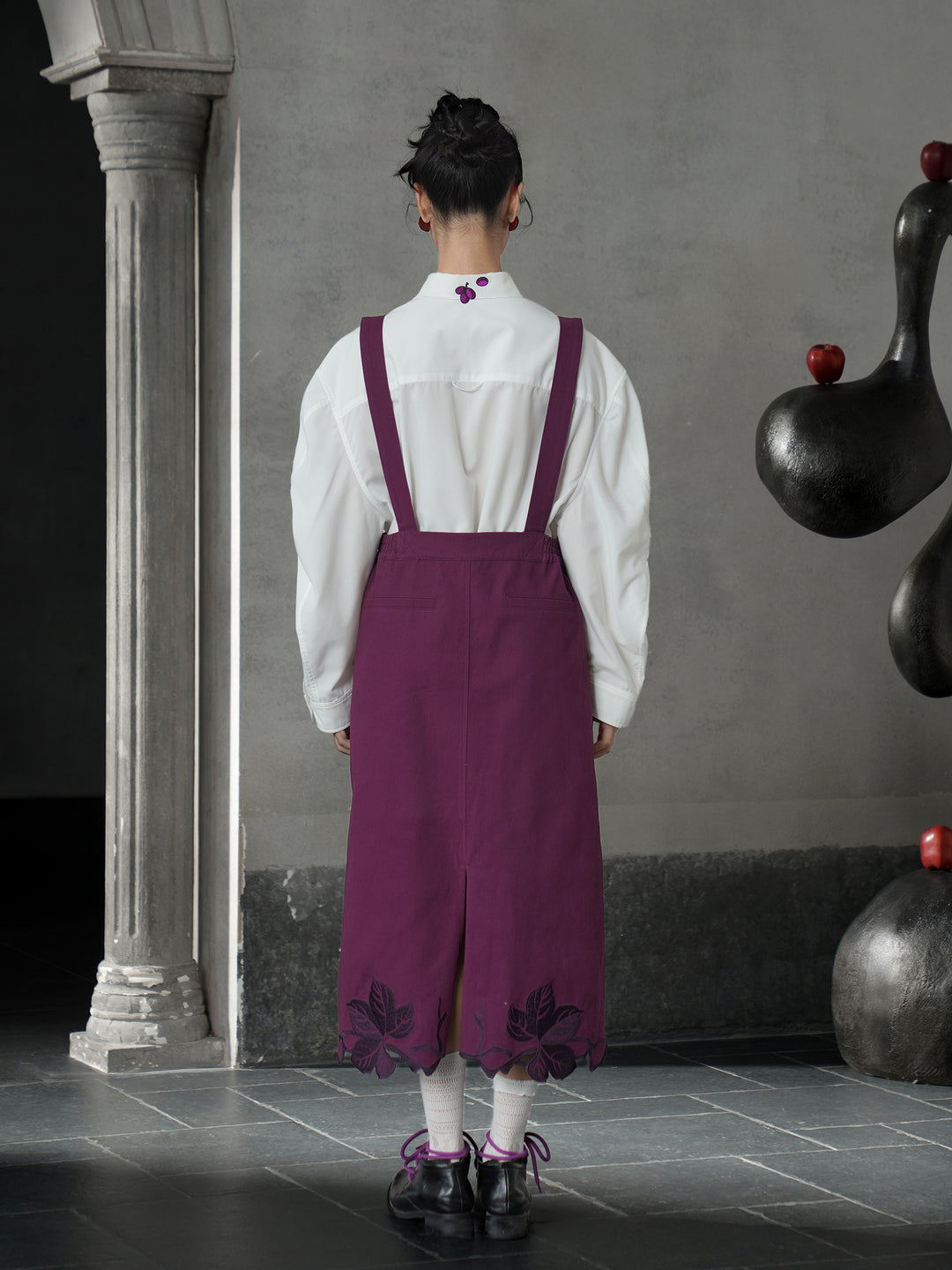 Vintage Grape Purple Embroidered Shirt | Contrast White Lapel Blouse