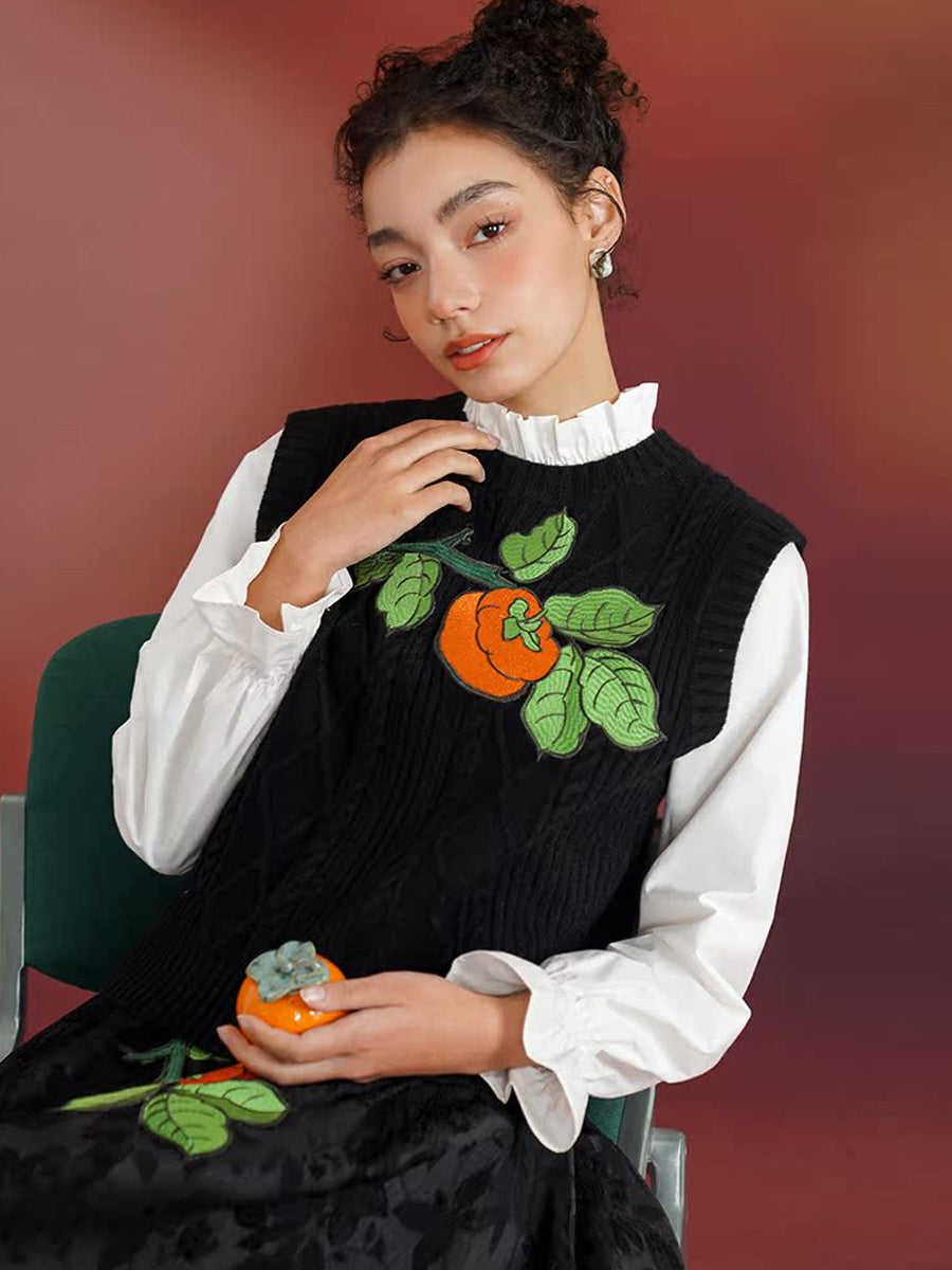 Original Chinese style embroidered vest, persimmon vest, sleeveless round neck, new Chinese retro style outerwear, layered sweater