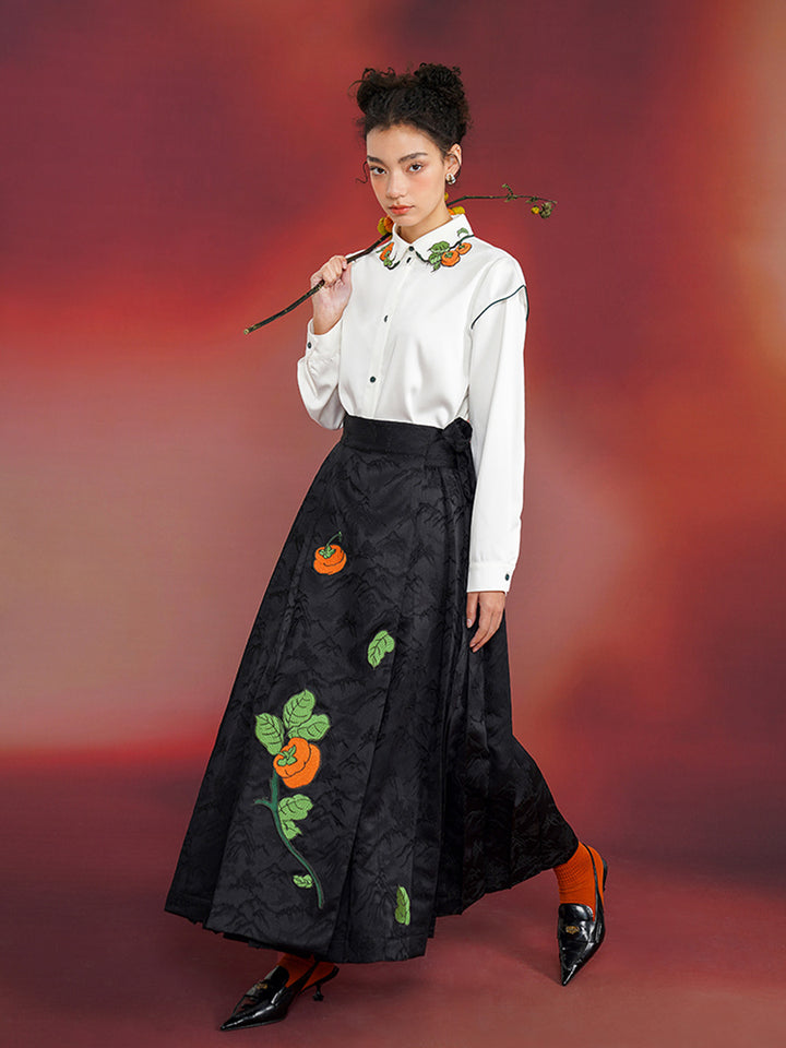 Original Chinese style persimmon embroidery shirt, retro niche cream white high-end top, 2024 spring new item for women