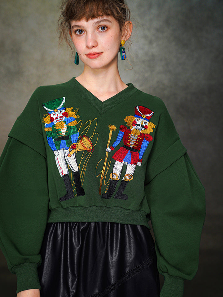 Nutcracker Embroidered Wide V-neck Hoodie with Spliced Sleeves