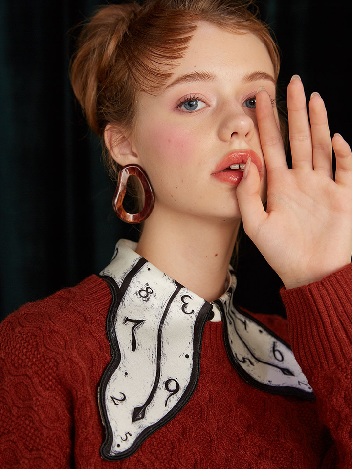 Early Autumn Original Design Time Passes Printed Embroidery Clock Collar Design Sense Niche Black and White Shirt for Women