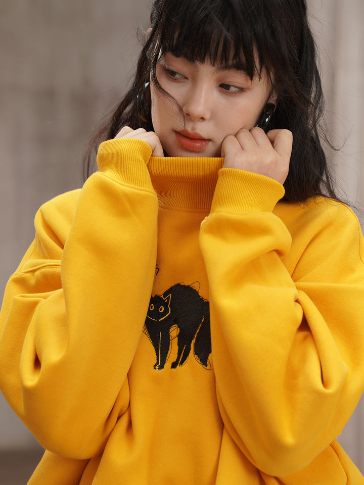 Black Cat Muse Embroidered Sweatshirt - Retro Yellow Fleece Oversized Pullove
