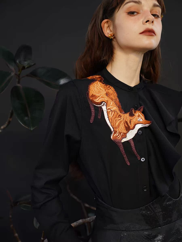 Original Zihu Story: Heavy Industry Embroidered Stand up Collar Cotton Shirt Retro Asymmetric Wave Ruffle Top for Women