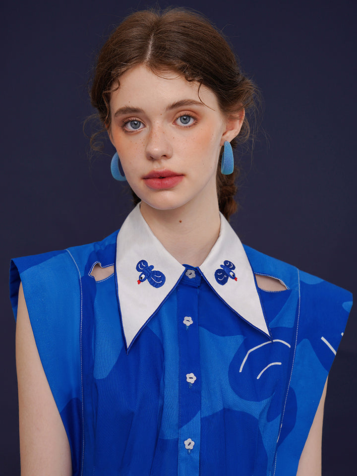 Original French Retro Bird Graffiti Printed Sleeveless Dress, Women's Blue Long Dress, Stylish and Slimming Skirt