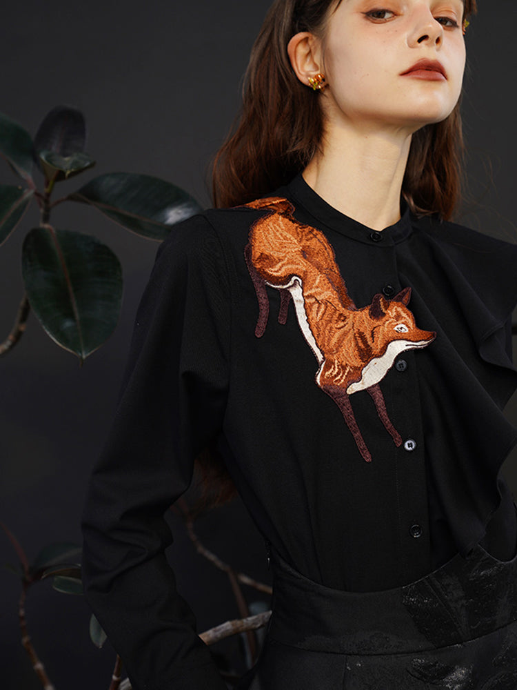Fox Story  Heavy Embroidered Shirt - Retro Ruffle Wave Blouse for Women