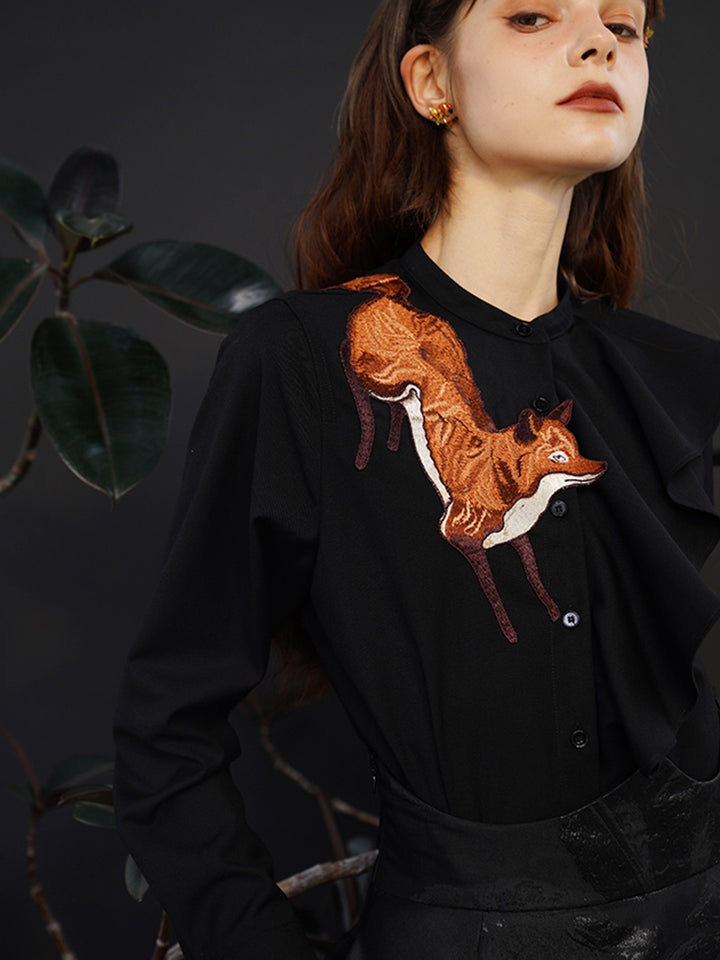 Fox Story  Heavy Embroidered Shirt - Retro Ruffle Wave Blouse for Women
