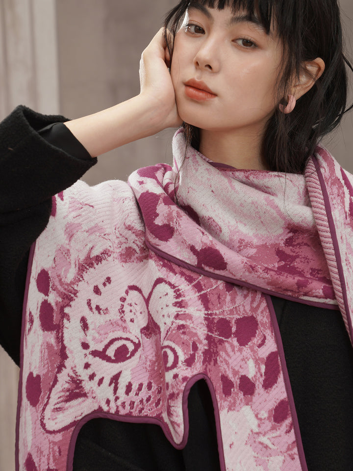 Pink Panther Blended Wool Big Shawl - Retro Knitted Animal Cape Scarf