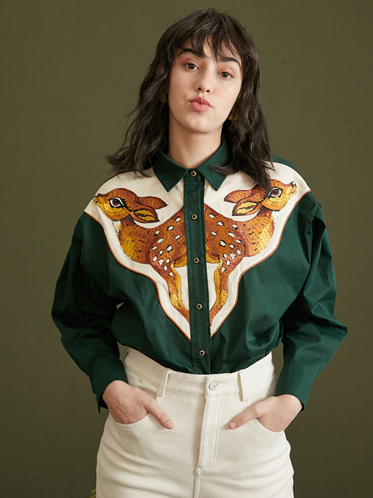 Forest Deer  Thick Cotton Shirt -  Heavyweight Embroidered Contrasting Top
