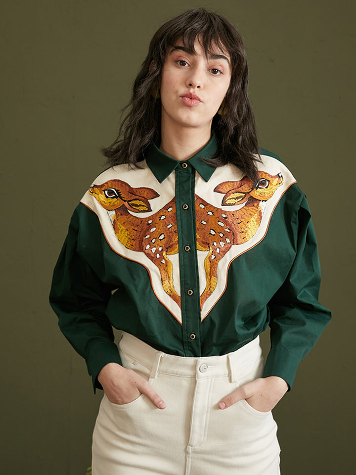 Forest Deer  Thick Cotton Shirt -  Heavyweight Embroidered Contrasting Top