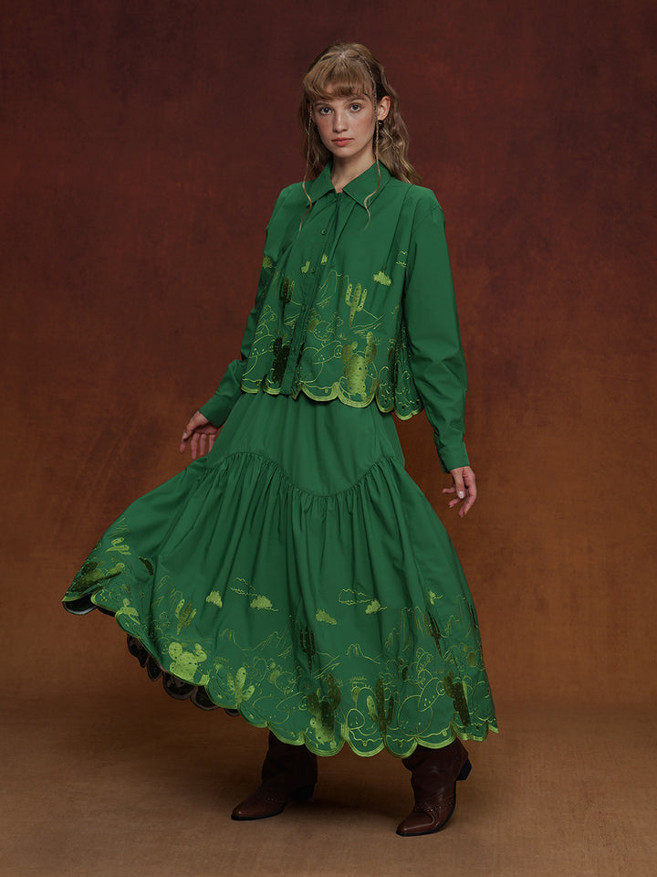 Vintage Pine Green Embroidered Midi Skirt | Relaxed Niche Design