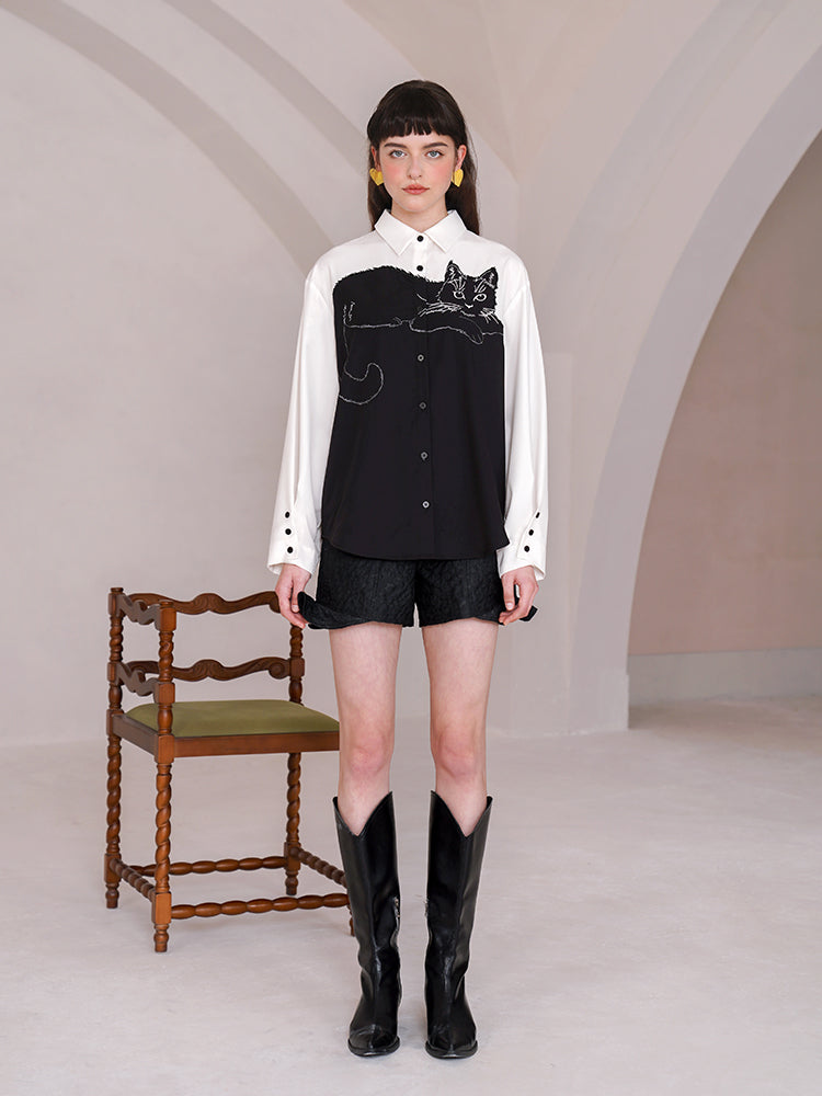 Stitched Artistry  Retro Blouse - Niche Contrasting Spliced Embroidered Shirt