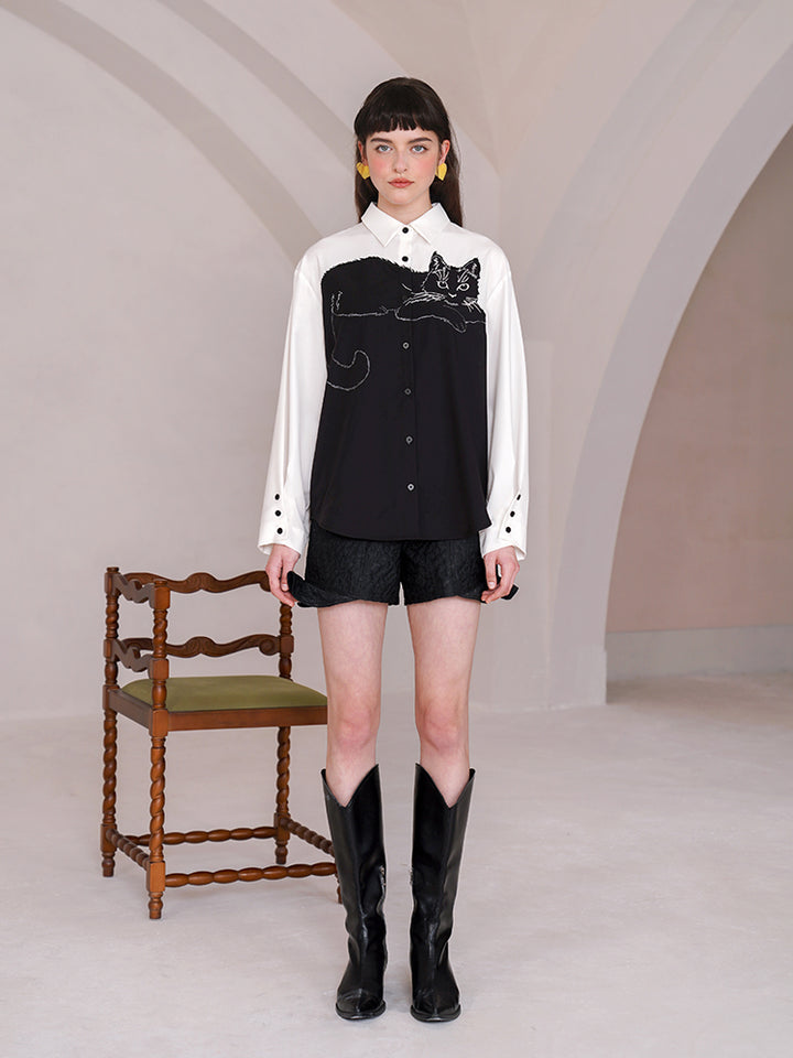 Stitched Artistry  Retro Blouse - Niche Contrasting Spliced Embroidered Shirt