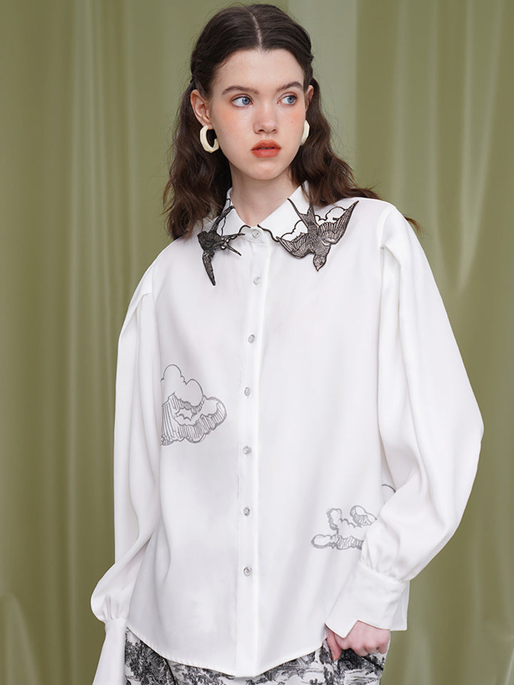 Original Embroidered Collar White Shirt Designer Style Small and Beautiful Versatile Top Women's Long Sleeve
