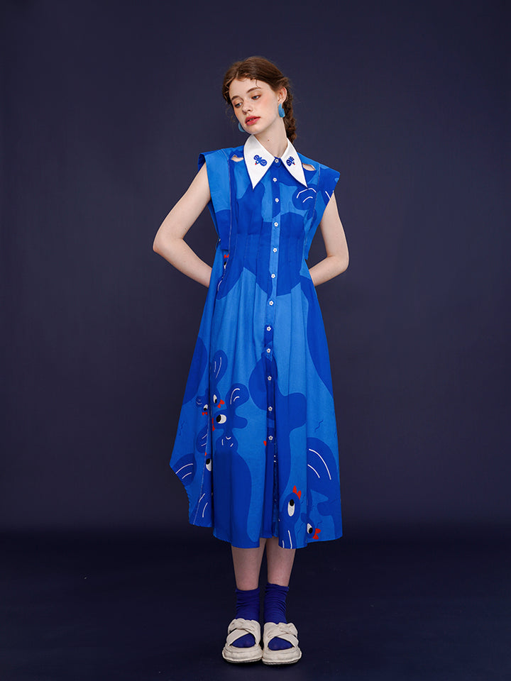 Blue Aviary French Retro Dress - Bird Graffiti Print Sleeveless Slimming Maxi