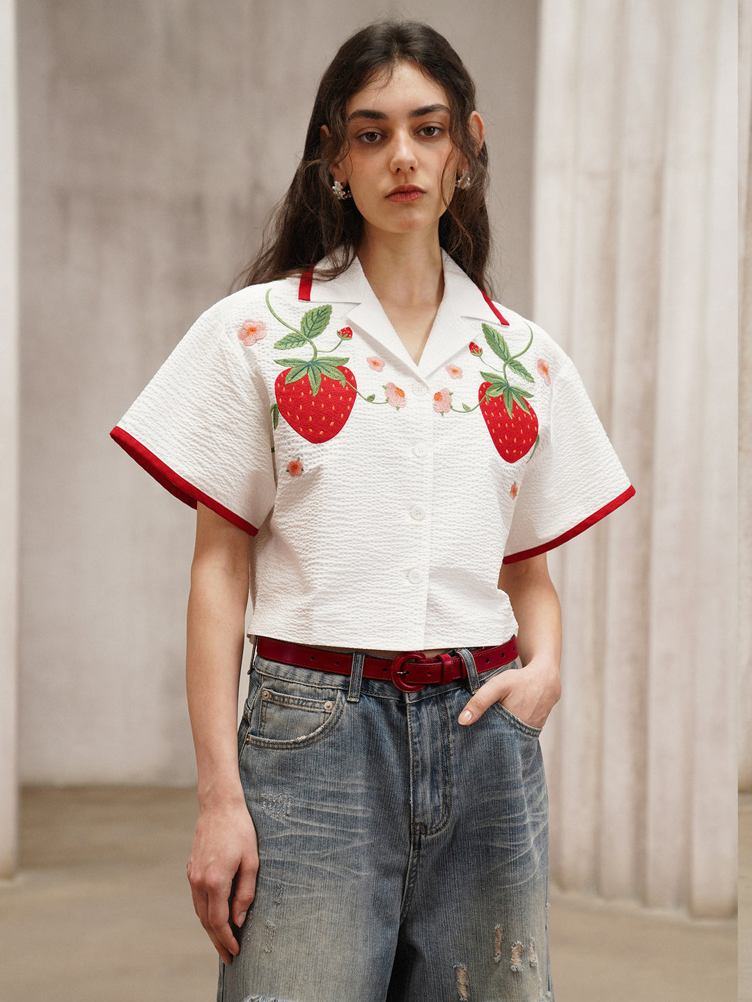 Strawberry Embroidered Cuban Collar Short-Sleeve Shirt