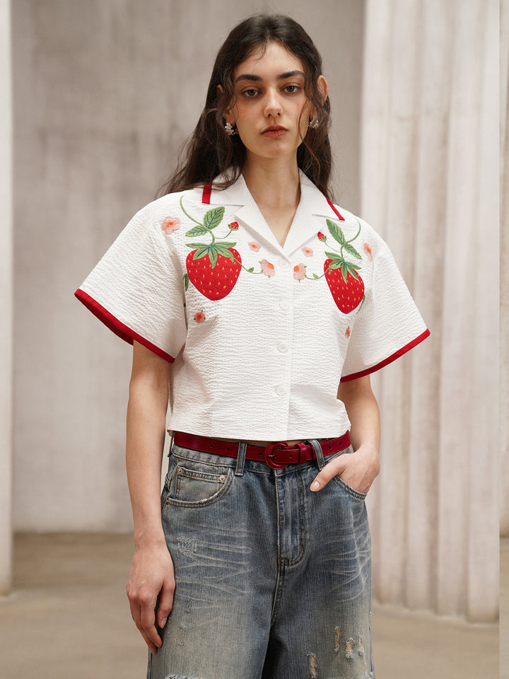 Strawberry Embroidered Cuban Collar Short-Sleeve Shirt