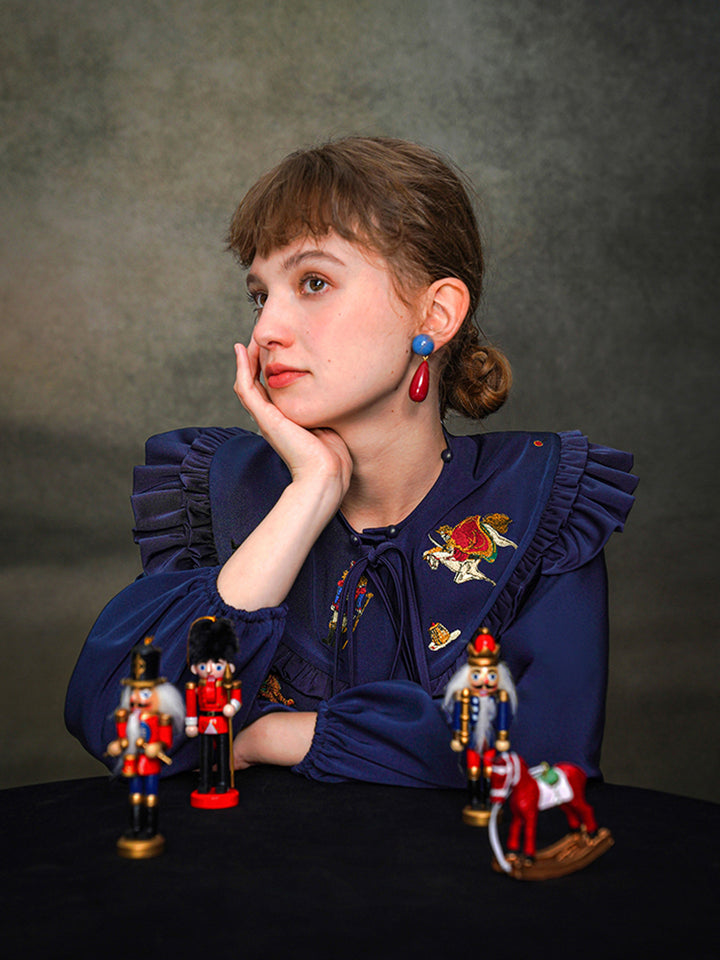Nutcracker Embroidered Shirt with Detachable Shawl - French Retro