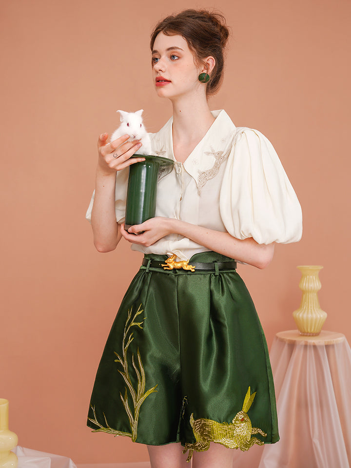 Whimsical Rabbit Tailored Bermuda Shorts - Slimming High-Waist Embroidered Casual Pants