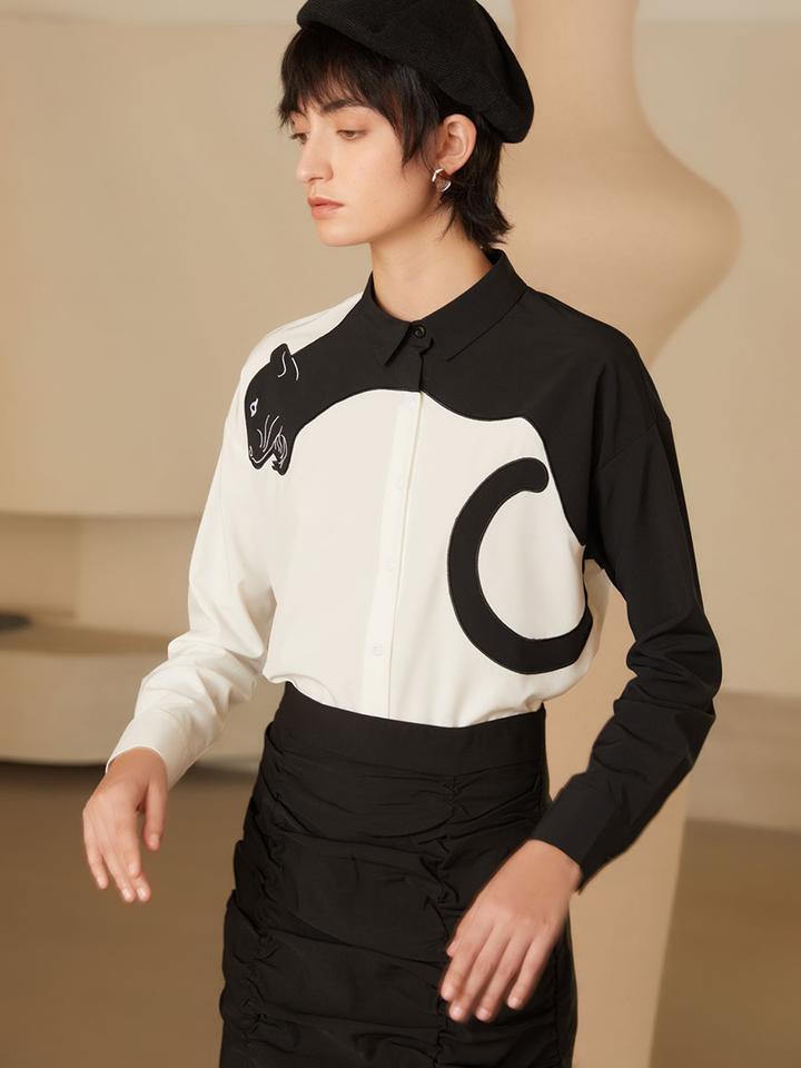 Leopard Art Shirt - Original Leopard Print Color-Contrast Slimming Short Sleeve Blouse