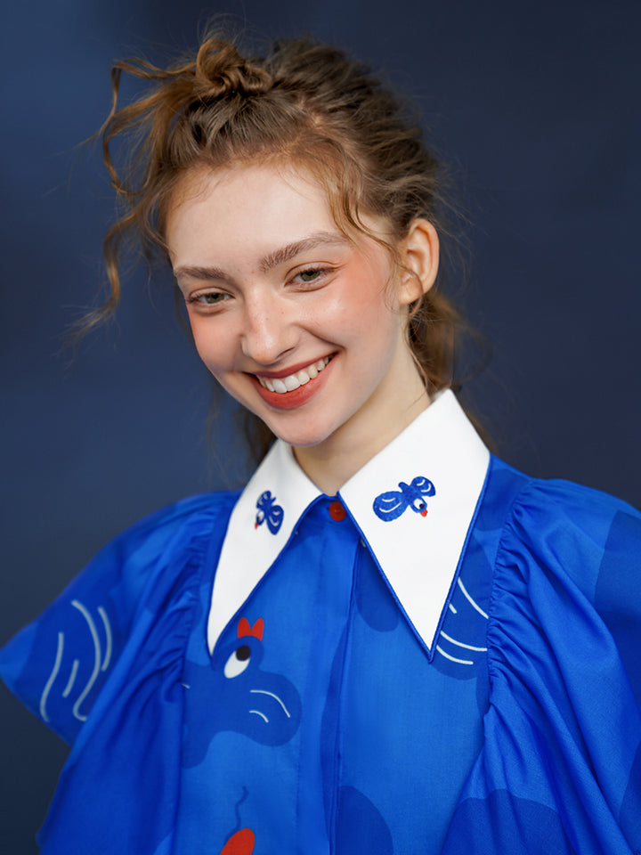 Original Retro Exquisite Bluebird Embroidered Collar Shirt with Lotus Leaf Flying Sleeves and Flip Collar Design, Printed on Shirt