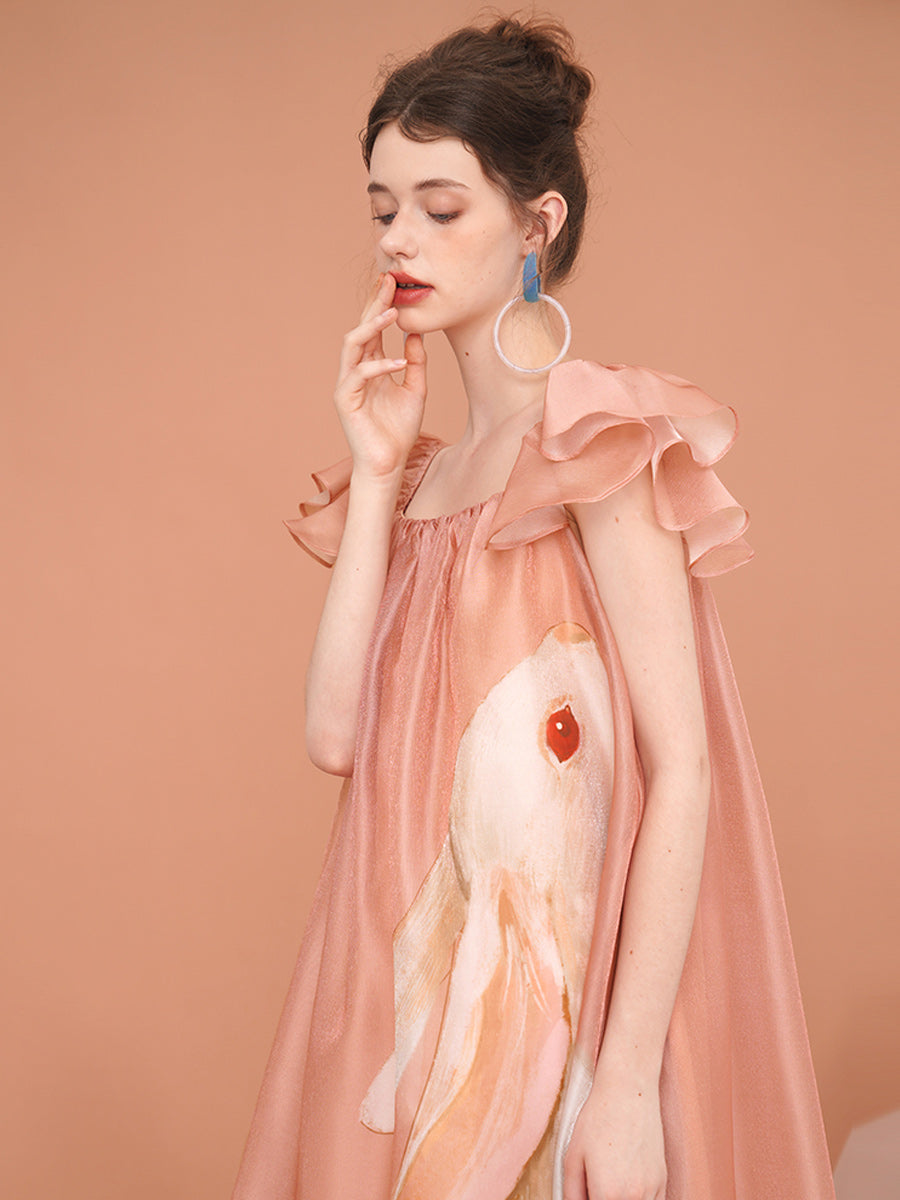 Original French retro printed rabbit pattern flying sleeve dress for women, short sleeved romantic and super fairy slimming dress