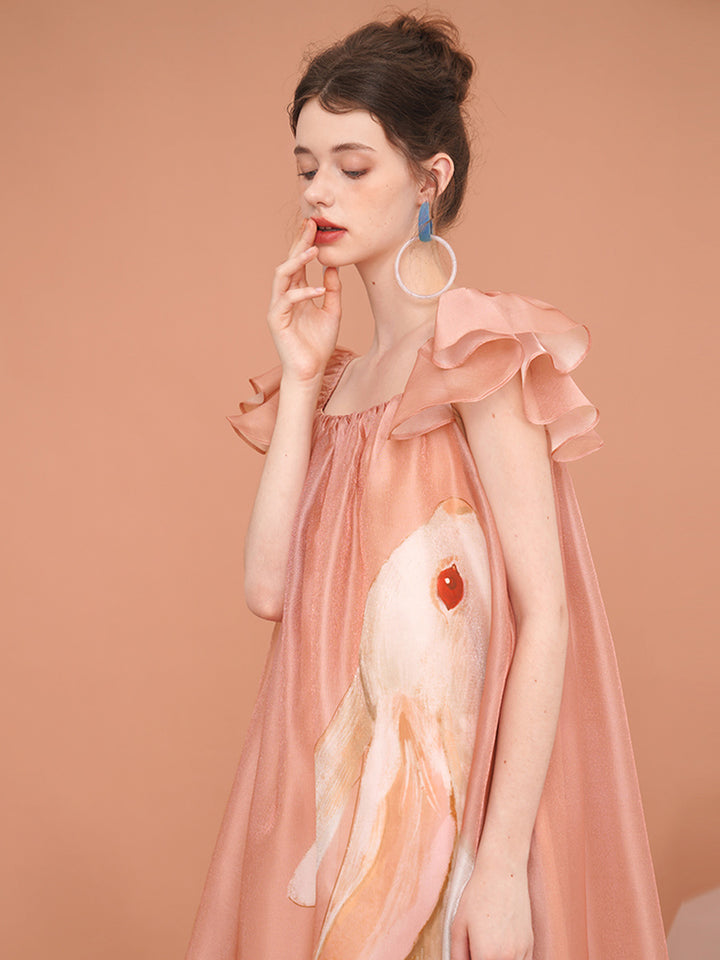 Original French retro printed rabbit pattern flying sleeve dress for women, short sleeved romantic and super fairy slimming dress