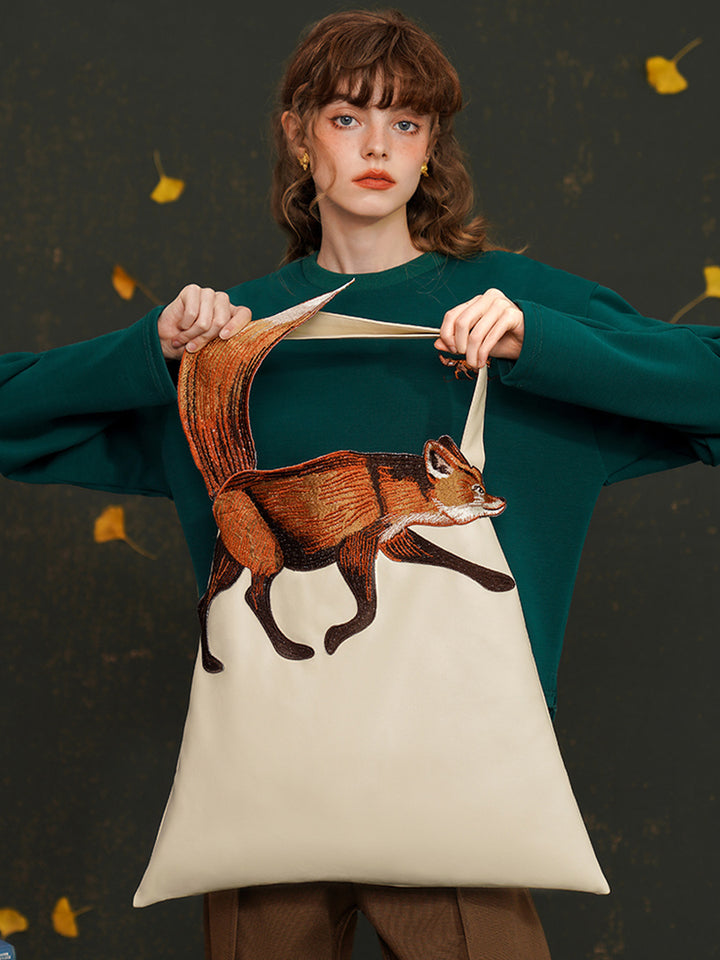 Original Design Fun Leaping Fox Shoulder Bag CAMOOONI Large Capacity Embroidered PU Handheld Canvas Bag for Women