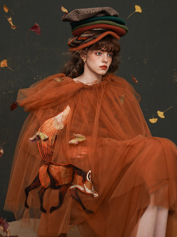 Original Fox Girl Multi layer Stacked Large Pendant Skirt Retro Maple Leaf Autumn Pong Skirt Strap Half body Skirt