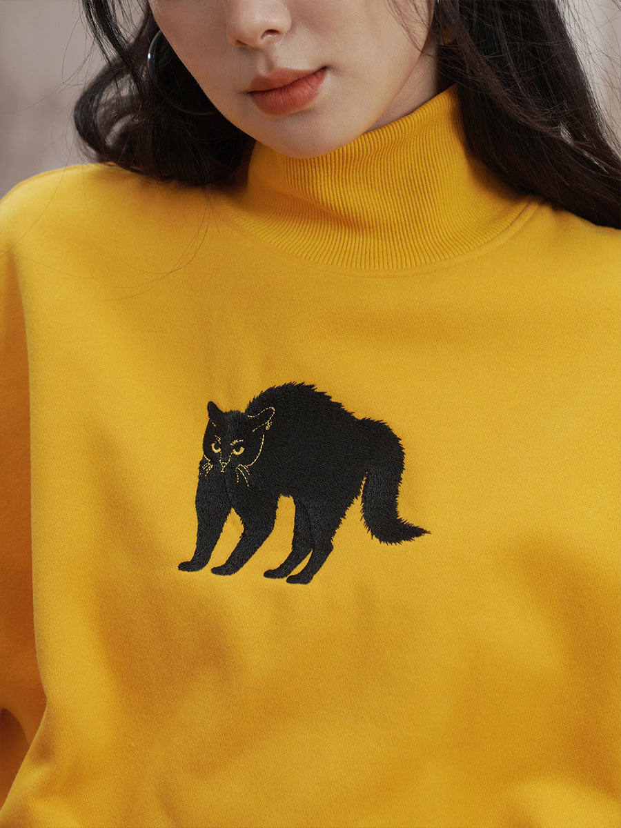 Sun Yellow Embroidered Black Cat Sweatshirt - Retro Streetwear Pullover with Half High Neck, Cute Embroidery Graphic Sweatshirt for Women