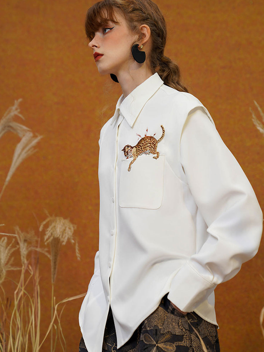 Original sleeved contrasting leopard shirt with artistic style retro spring top for women