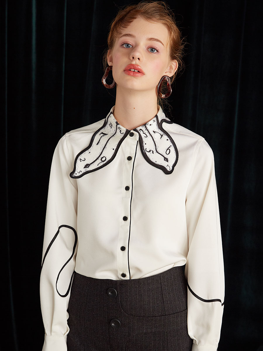 Early Autumn Original Design Time Passes Printed Embroidery Clock Collar Design Sense Niche Black and White Shirt for Women