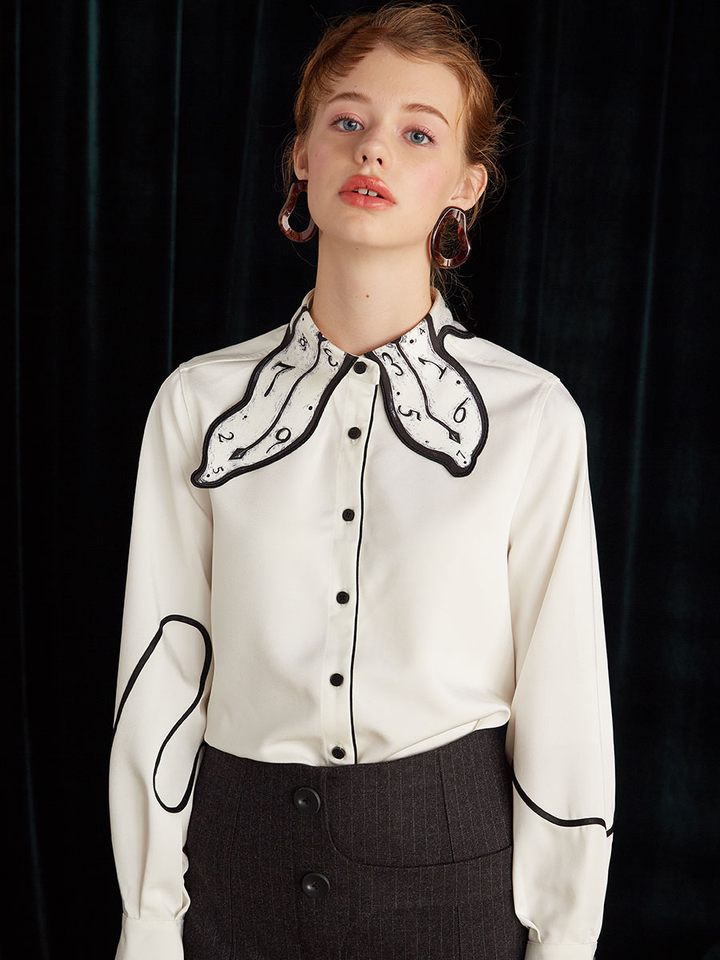 Early Autumn Original Design Time Passes Printed Embroidery Clock Collar Design Sense Niche Black and White Shirt for Women